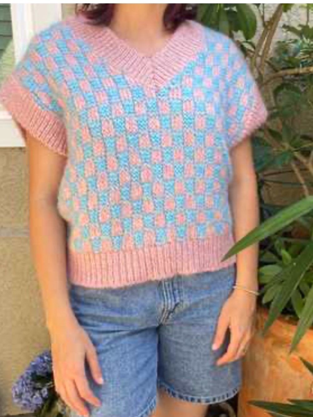 Zara Women’s  Pink and Blue Large Check V-Neck Sweater Vest M